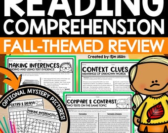 May include: A set of printable worksheets for reading comprehension practice. The worksheets feature fall-themed topics like making inferences, context clues, and comparing and contrasting texts. The worksheets are designed for fiction and non-fiction reading.