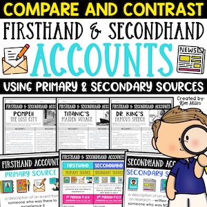 Puede incluir: Un póster educativo colorido con el título "Comparar y contrastar cuentas de primera mano y de segunda mano" y el subtítulo "Usando fuentes primarias y secundarias". El póster presenta ilustraciones de Pompeya, el Titanic y el famoso discurso de Martin Luther King. El póster también incluye un personaje de dibujos animados con una lupa.