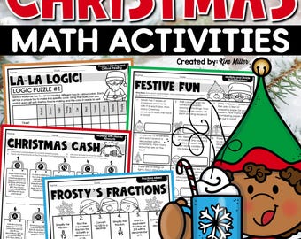 Puede incluir: Doce hojas de trabajo de actividades matemáticas de temática navideña imprimibles para niños. Las hojas de trabajo presentan una variedad de conceptos matemáticos, incluyendo rompecabezas lógicos, dinero, fracciones y problemas de palabras. Las hojas de trabajo son en blanco y negro con acentos coloridos.