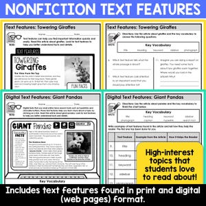 Nonfiction Text Features Worksheets, Informational Text, Reading Comprehension Passages Printables 3rd 4th 5th Grade Classroom Resources image 5