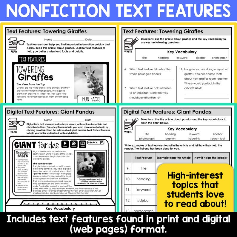 Nonfiction Text Features Worksheets, Informational Text, Reading ...