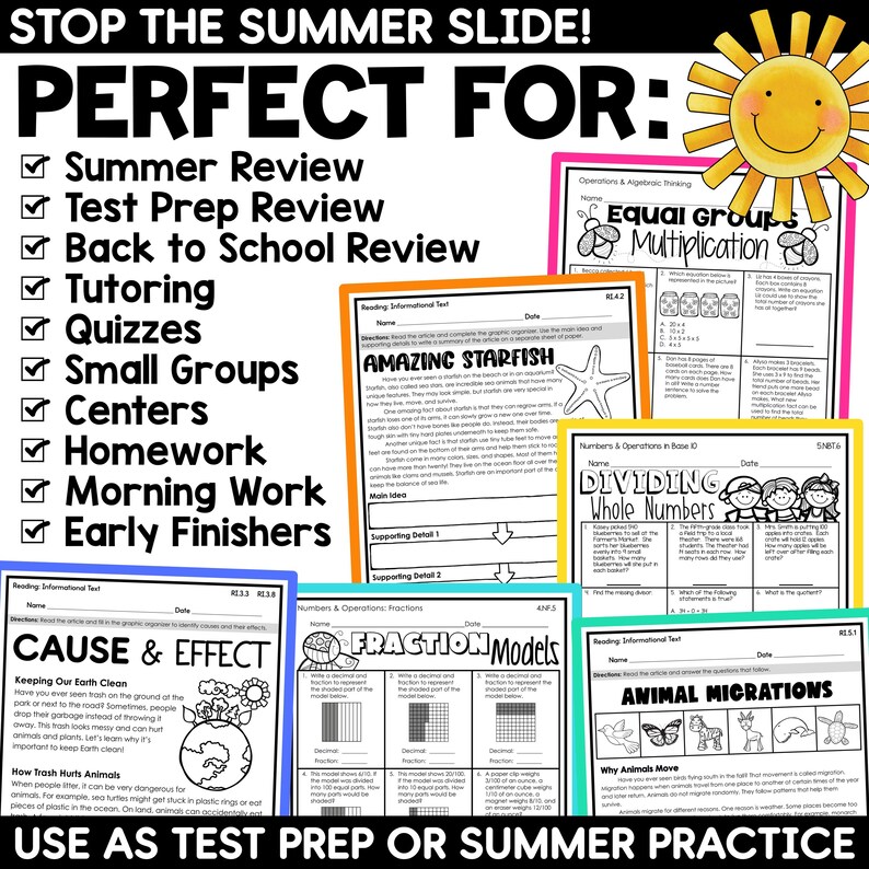 Summer Math Test Summer Math and Reading Review Bundle for 3rd, 4th, and 5th Grade - Etsy