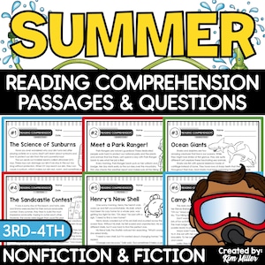 May include: A colourful educational worksheet titled "SUMMER" with reading comprehension passages and questions for 3rd-4th grade students. Topics include sunburns, park rangers, ocean giants, and sandcastles.