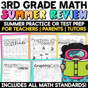 May include: A colorful educational resource for 3rd grade math, featuring worksheets on multiplication, fractions, geometry, measurement, and data analysis. The title reads "3rd Grade Math Summer Review" with the text "Summer Practice or Test Prep for Teachers | Parents | Tutors."