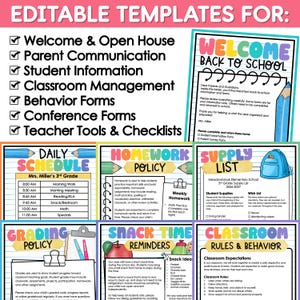May include: A collection of editable classroom templates featuring colorful headings and school-themed graphics. The documents include titles such as Welcome Back to School, Daily Schedule, Homework Policy, Supply List, Grading Policy, Snack Time, and Classroom Rules.