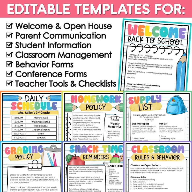 May include: A collection of editable classroom templates featuring colorful headings and school-themed graphics. The documents include titles such as Welcome Back to School, Daily Schedule, Homework Policy, Supply List, Grading Policy, Snack Time, and Classroom Rules.