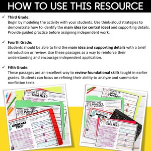 May include: A printable resource for teaching students how to identify the main idea and supporting details in non-fiction texts. The resource includes passages about Christmas traditions, such as why we decorate a Christmas tree, why we wrap presents, and who was Saint Nick. The resource is designed for third, fourth, and fifth grade students.