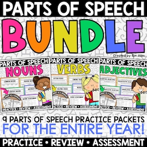 Parts of Speech Printable Worksheets, English Grammar Printable Worksheets, Parts of Speech Activities Review Practice Assessment Bundle