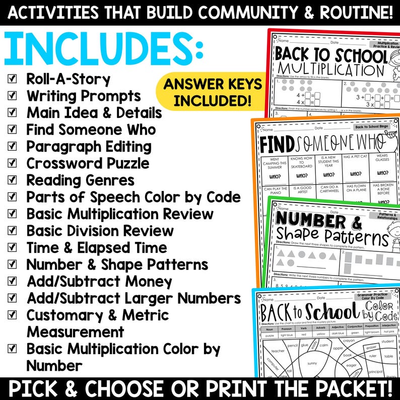 4th 5th Grade Back to School Worksheets, First Day First Week of School Reading Math Printables, Welcome Back to School Printable Workbook image 2
