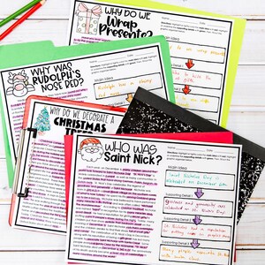 May include: A printable worksheet featuring a red, white, and blue illustration of Santa Claus. The worksheet is titled "Who Was Saint Nick?" and includes text about the history of Saint Nicholas Day. The worksheet is designed to help students learn about the origins of Christmas traditions.