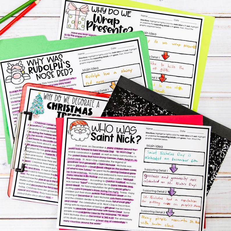 May include: A printable worksheet featuring a red, white, and blue illustration of Santa Claus. The worksheet is titled "Who Was Saint Nick?" and includes text about the history of Saint Nicholas Day. The worksheet is designed to help students learn about the origins of Christmas traditions.
