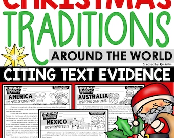 Puede incluir: Una hoja de trabajo imprimible para enseñar a los estudiantes sobre las tradiciones navideñas de todo el mundo. La hoja de trabajo presenta ilustraciones de Papá Noel, un árbol de Navidad y una casa de jengibre. El texto en la hoja de trabajo incluye las palabras "Tradiciones navideñas de todo el mundo", "Citar evidencia textual" y "Usar la estrategia de escritura R.A.C.E.S".