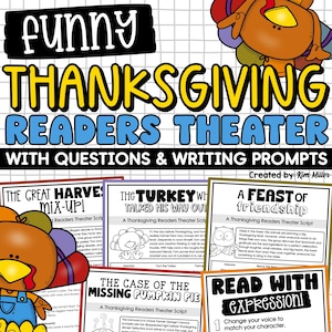 May include: A colorful Thanksgiving-themed educational resource with the title "FUNNY THANKSGIVING READERS THEATER." The image features various scripts with titles like "The Great Harvest Mix-Up!" and "The Turkey Who Talked His Way Out." A cartoon turkey is also visible.