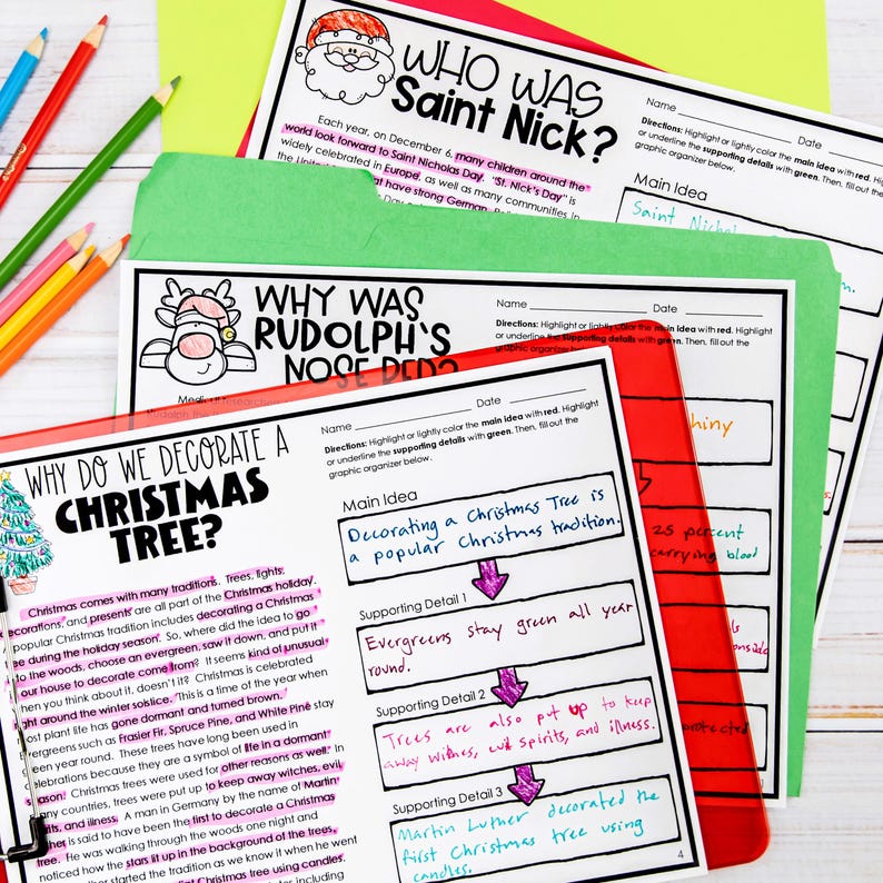 May include: A printable worksheet with the title "Why Do We Decorate a Christmas Tree?"  The worksheet includes a graphic organiser with a main idea and three supporting details. The main idea is "Decorating a Christmas Tree is a popular Christmas tradition." The supporting details are "Evergreens stay green all year round", "Trees are also put up to keep away witches, evil spirits, and illness", and "Martin Luther decorated the first Christmas tree using candles".