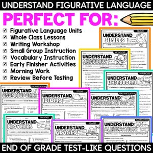 May include: Educational resource with worksheets on figurative language, including similes, metaphors, and idioms. The colorful pages are designed for whole-class lessons, writing workshops, and small group instruction. Includes end-of-grade test-like questions.