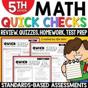 Könnte beinhalten: Eine farbige, druckbare Ressource für Mathematik in der 5. Klasse. Der Titel lautet "Quick Checks: Show What You Know!" und der Text "Standards-Based Assessments" befindet sich unten. Die Ressource enthält Arbeitsblätter für Messung und Daten, Operationen und algebraisches Denken sowie Geometrie und Messung.