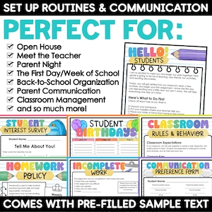 May include: A collection of classroom management documents featuring colorful headers and text. Included forms are Student Interest Survey, Student Birthdays, Classroom Rules & Behavior, Homework Policy, Incomplete Work, and Communication Preference Form.