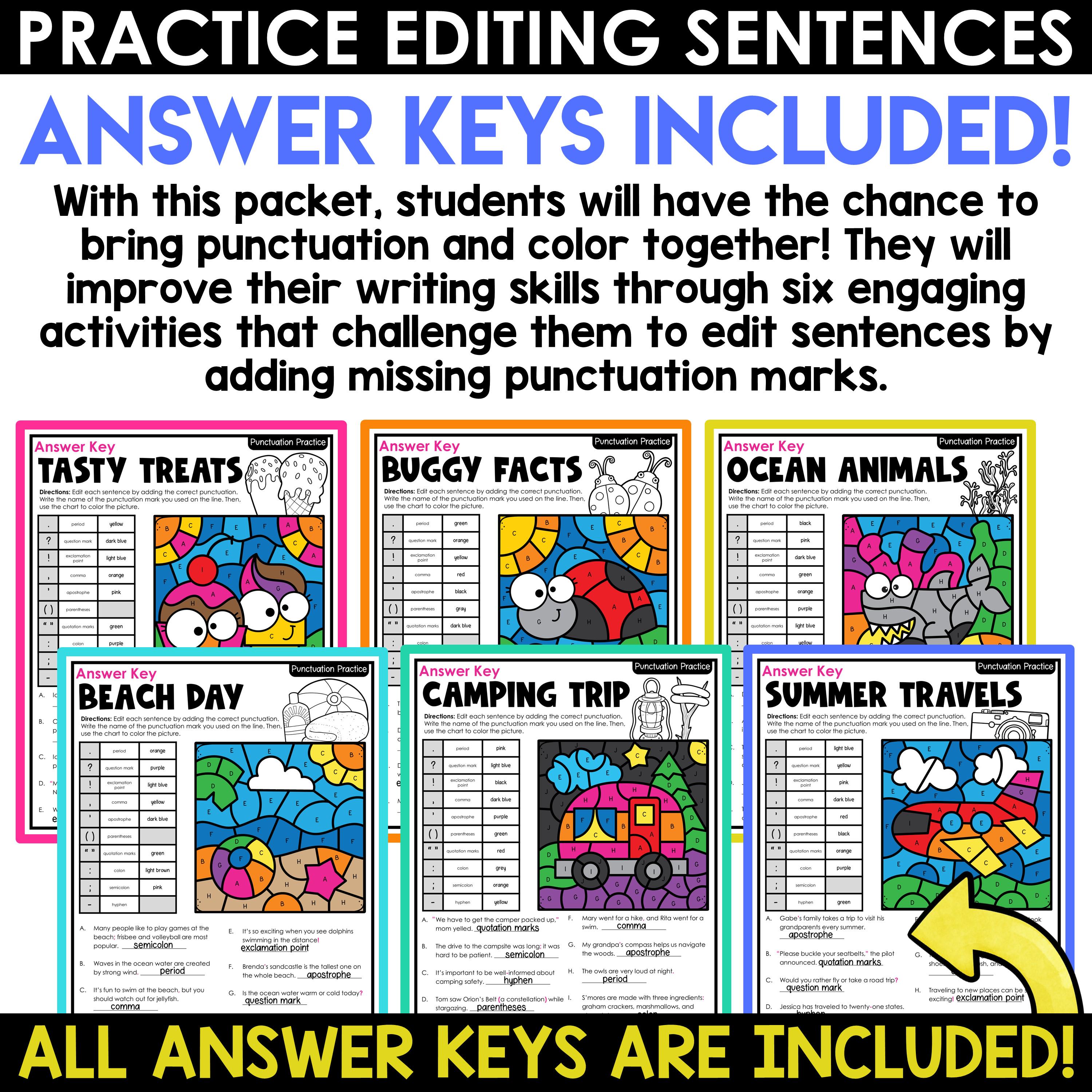 Punctuation Worksheets Color by Code | Sentence Editing Grammar ...