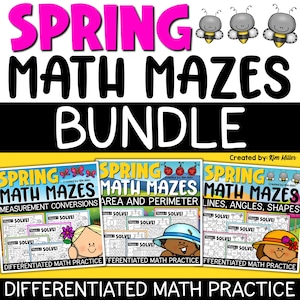 Puede incluir: Un paquete de laberintos matemáticos con temática de primavera para la práctica de matemáticas diferenciadas. El título "SPRING MATH MAZES BUNDLE" está en letras negras grandes con un contorno rosa. El paquete incluye laberintos sobre conversiones de medidas, área, perímetro, líneas, ángulos y formas.
