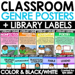 Reading Genre Posters with Classroom Library Labels | Genre Posters Elementary | Reading Posters for Classroom | Bright Classroom Decor