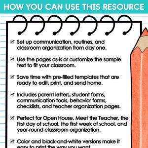 May include: A spiral-bound notebook graphic with the text HOW YOU CAN USE THIS RESOURCE at the top. The page lists six bullet points regarding classroom organization, communication, templates, parent letters, forms, and printing options in black text.