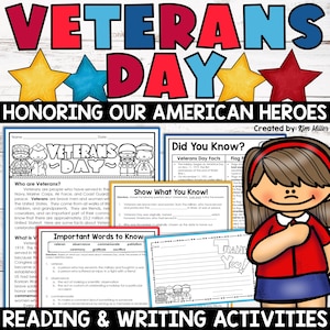 May include: A colorful Veterans Day educational resource with the words "Veterans Day" in large letters. The image includes worksheets, a cartoon illustration of a girl, and the phrase "Honoring Our American Heroes."