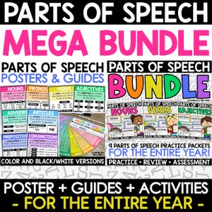 Partes de carteles de discurso para aula primaria, hojas de trabajo de gramática, carteles, gráficos de anclaje de partes de discurso, mega paquete de tablón de anuncios
