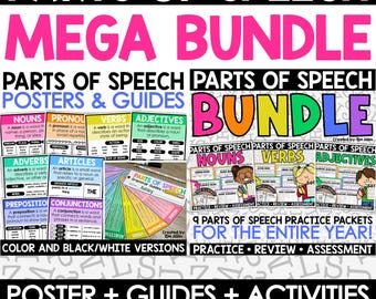 Parts of Speech Posters for Classroom Elementary, Grammar Worksheets, Posters, Parts of Speech Anchor Charts, Bulletin Board Mega Bundle
