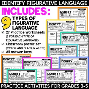 May include: Educational resource for grades 3-5. This image showcases a set of worksheets and posters designed to teach figurative language. Includes 9 types of figurative language, 27 practice worksheets, a classroom poster set, and answer keys. The worksheets are in color and black & white.