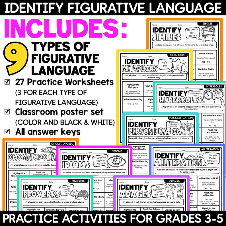May include: Educational resource for grades 3-5. This image showcases a set of worksheets and posters designed to teach figurative language. Includes 9 types of figurative language, 27 practice worksheets, a classroom poster set, and answer keys. The worksheets are in color and black & white.