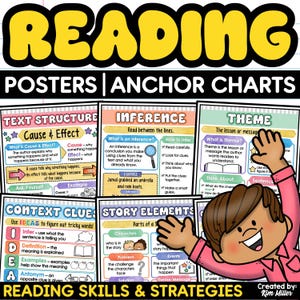 May include: A set of educational posters titled READING POSTERS | ANCHOR CHARTS featuring colorful graphics and text explaining reading concepts like Text Structure, Inference, Theme, Context Clues, and Story Elements, with a cartoon character.