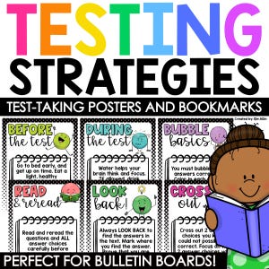 Pósters imprimibles de estrategias para la toma de exámenes / Tablón de anuncios motivacional para el aula / Consejos de preparación para exámenes estatales de lectura y matemáticas