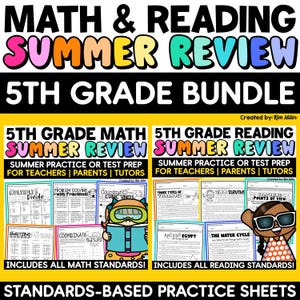 Peut inclure: Un ensemble éducatif coloré pour la révision estivale de mathématiques et de lecture de 5e année. L'image présente le texte "MATH & READING SUMMER REVIEW 5TH GRADE BUNDLE" et comprend des feuilles d'exercices pour les enseignants, les parents et les tuteurs.