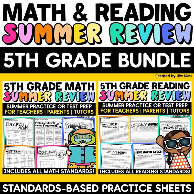 5th Grade Summer Math and Reading Bundle, Common Core Review Worksheets ...
