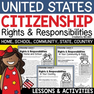 Könnte beinhalten: Lehrplakat mit dem Titel "UNITED STATES CITIZENSHIP Rights & Responsibilities". Das Bild zeigt ein Cartoon-Mädchen in einem roten Kleid mit Sternen, einer roten Schleife und einer kleinen amerikanischen Flagge. Das Plakat enthält Lektionen und Aktivitäten zur Staatsbürgerschaft.