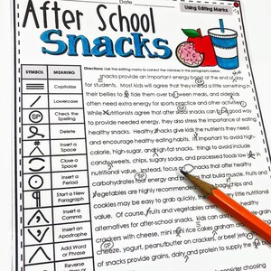 May include: A worksheet with a list of editing marks and their meanings. The worksheet is titled "After School Snacks" and includes a paragraph about the importance of healthy snacks for kids. The paragraph has several editing marks circled, indicating errors in spelling, capitalization, and punctuation.