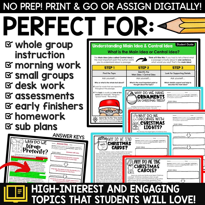 May include: A printable worksheet for teaching students about main ideas and central ideas. The worksheet features a Christmas theme and includes questions about why we hang ornaments on Christmas trees, why we decorate with Christmas lights, why we send Christmas cards, and why we sing Christmas carols. The worksheet is perfect for whole group instruction, morning work, small groups, desk work, assessments, early finishers, homework, and sub plans.