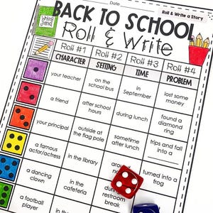 May include: A printable game board for kids to write a story. The board has four columns labeled "Character", "Setting", "Time", and "Problem". Each column has a list of words to choose from. The game includes dice to roll and determine which words to use.