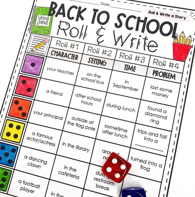 May include: A printable game board for kids to write a story. The board has four columns labeled "Character", "Setting", "Time", and "Problem". Each column has a list of words to choose from. The game includes dice to roll and determine which words to use.