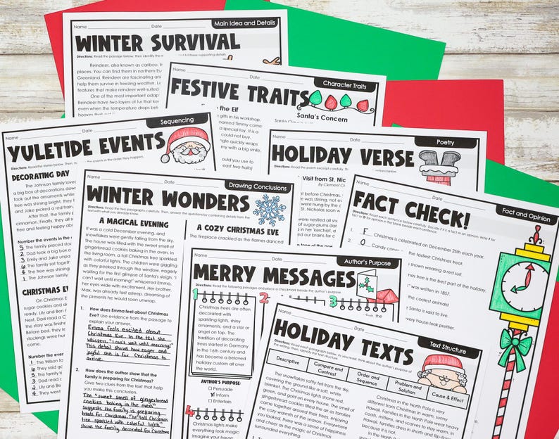 Fichas de lectura navideñas para 4.º y 5.º grado / Paquete imprimible listo para usar / Educación en casa navideña, descarga instantánea imagen 5
