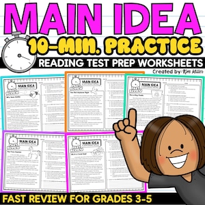 Könnte beinhalten: Lehrreiche Arbeitsblätter zur Übung des Leseverständnisses. Das Bild zeigt den Text "MAIN IDEA 10-MIN. PRACTICE READING TEST PREP WORKSHEETS" in Pink und Gelb. Die Arbeitsblätter sind für die Klassen 3-5 konzipiert und behandeln Themen wie "The First Airplane Flight".