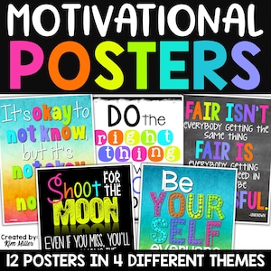 Könnte beinhalten: Zwölf Motivationsposter in vier verschiedenen Themen. Die Poster zeigen leuchtende Farben und fetten Text. Die Themen sind: Es ist okay, es nicht zu wissen, Tue das Richtige, Fair ist nicht, dass alle das Gleiche bekommen, und Sei du selbst.