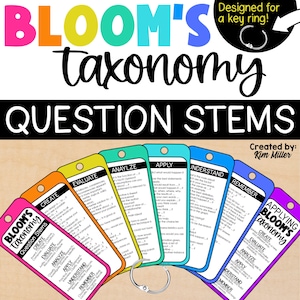 Può includere: Set di schede di domande sulla tassonomia di Bloom, progettate per un portachiavi. Le schede colorate includono termini come CREARE, VALUTARE, ANALIZZARE, APPLICARE, COMPRENDERE e RICORDARE. Ogni scheda ha un colore diverso.