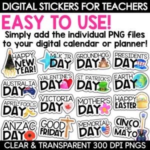 May include: A set of 16 digital stickers for teachers featuring various holidays and events throughout the year. The stickers are colorful and include illustrations of flags, animals, and other festive elements. The text on the stickers includes "Happy New Year", "MLK Jr. Day", "Groundhog Day", "Presidents Day", "Valentine's Day", "St. Patrick's Day", "Earth Day", "Australia Day", "April Fools Day", "Victoria Day", "Mother's Day", "Happy Easter", "Anzac Day", "Good Friday", "Memorial Day", and "Cinco de Mayo".
