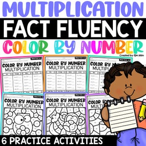 May include: Educational worksheet set titled "Multiplication Fact Fluency Color by Number." The image features six practice activities with multiplication problems. The worksheets are designed for children to solve and color, with a cartoon illustration of a child holding a notepad.