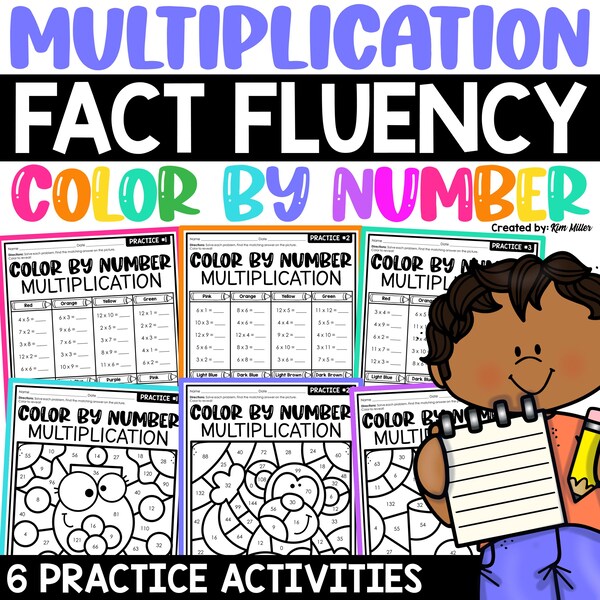 Hojas de trabajo de multiplicación para colorear por números / Práctica de fluidez en operaciones básicas (3.º y 4.º grado)