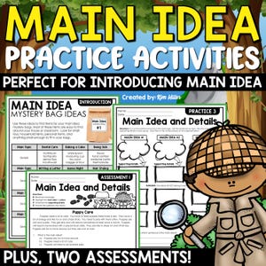 May include: Educational resource titled Main Idea Practice Activities featuring worksheets with text, tables, and a cartoon detective character holding a magnifying glass. The pages include sections for mystery bag ideas, practice exercises, and assessments.