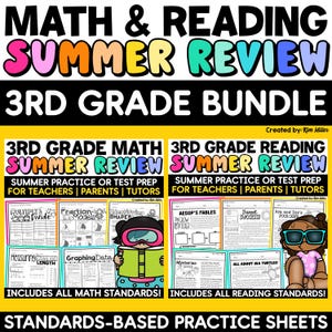 May include: A colorful educational bundle for 3rd grade students. The image features the text "MATH & READING SUMMER REVIEW" and "3RD GRADE BUNDLE". Includes practice sheets for math and reading, with colorful illustrations and text.