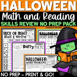 Halloween Activities Math Reading Writing Worksheets Printables, No Prep Fall Activities, 4th 5th Grade Teacher, Homeschool Instant Download