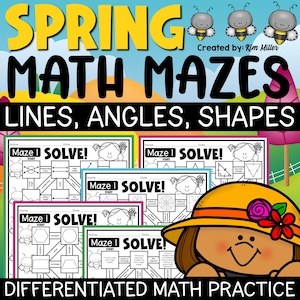 Puede incluir: Laberintos matemáticos con temática de primavera para líneas, ángulos y formas. La imagen presenta hojas de trabajo con el texto "Maze! Solve!" e ilustraciones de formas geométricas. También se ve una niña de dibujos animados con un sombrero amarillo.
